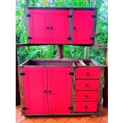 Kit Aéreo + Balcão De Pia Com Detalhes Em Vermelho De Madeira Maciça Móveis Rio Negrinho