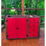 Balcão De Pia 2 Portas E 4 Gavetas Com Detalhes Em Vermelho De Madeira Maciça Móveis Rio Negrinho